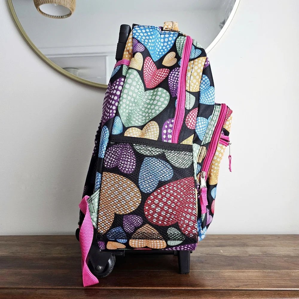 Rockland Rolling Backpack School Bag Travel Luggage Mesh Pockets New Heart 17″